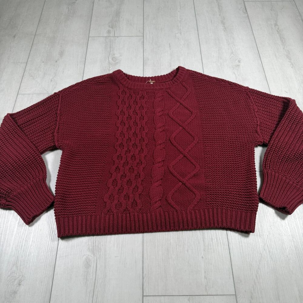 NWT Free People Women's Large Dream Cable Knit Crew Chunky Sweater Pullover Red